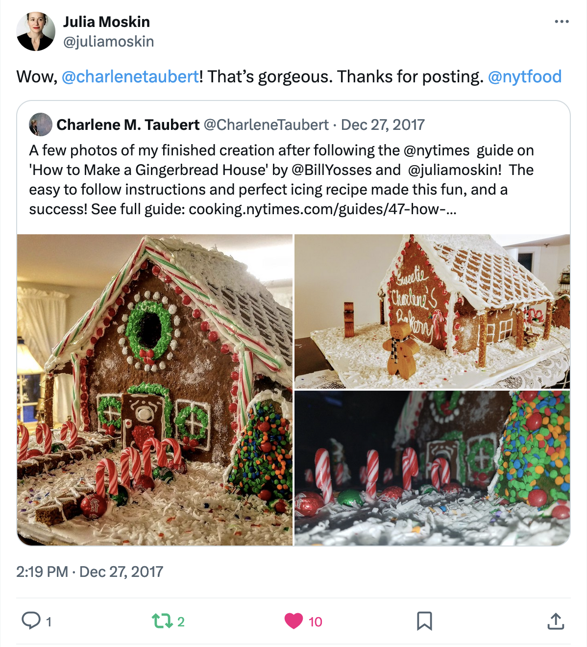 Julia Moskin of New York Times Retweets the New England Innkeeper 2017 Gingerbread House by Charlene Taubert